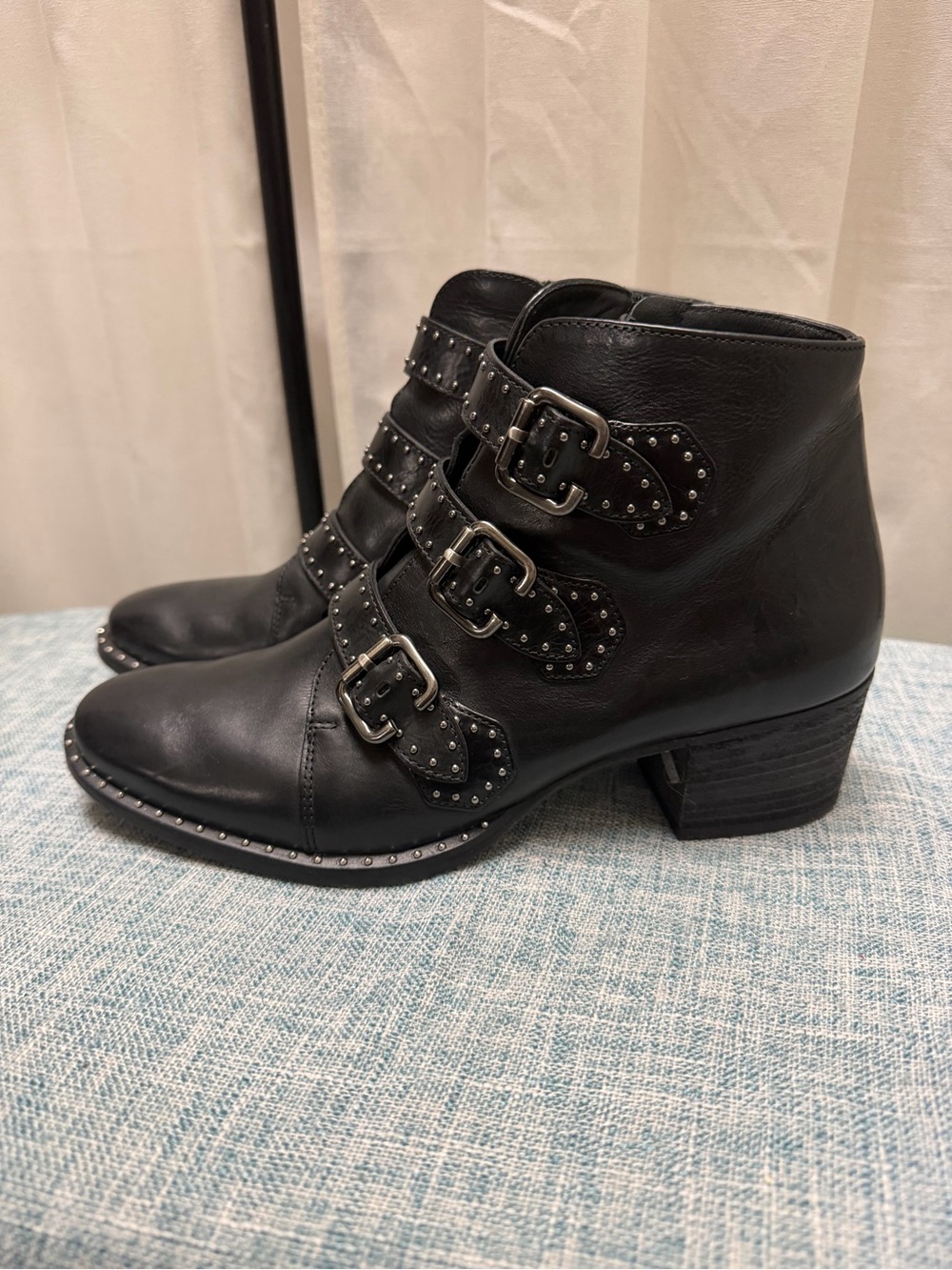Paul Green Soho Black Leather Studded Triple Buckle Moto Boots Size 5